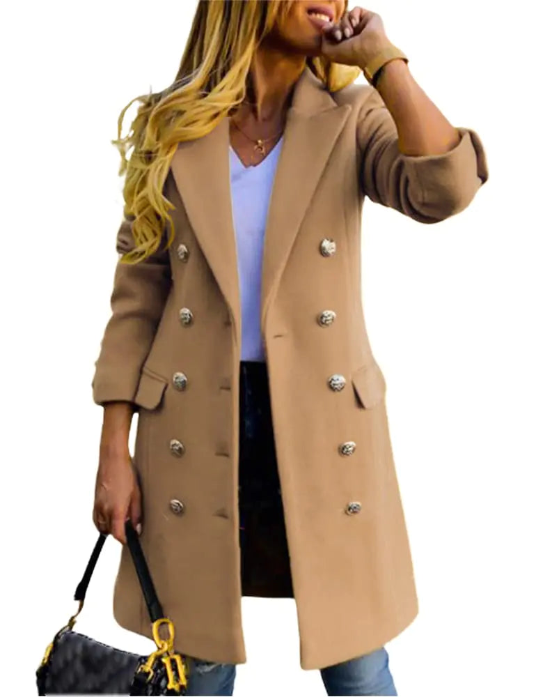 Wool Coats for Women Warm Fall Winter Double Breasted Notched Lapel Midi Long Wool Peacoat Jacket (Camel XL)
