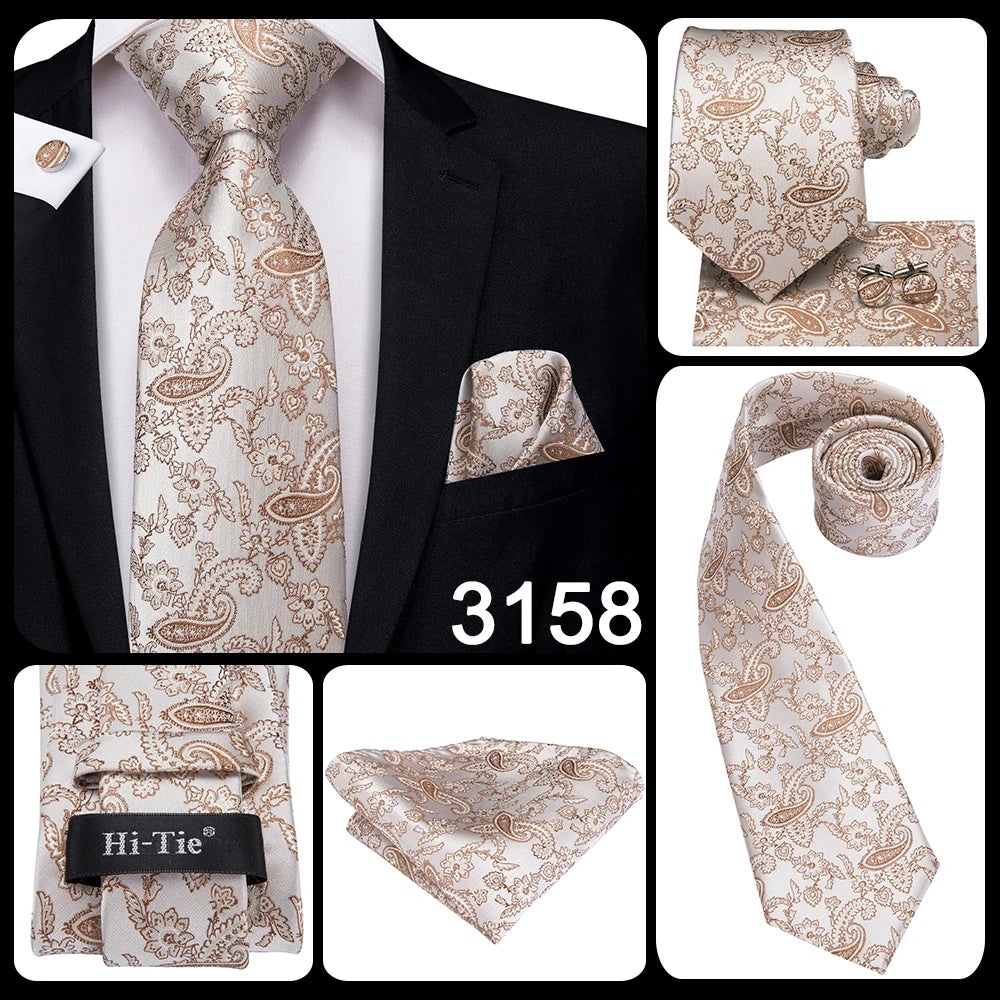 Hi-Tie Champagne Ivory Floral Solid Design Silk Wedding Tie For Men Quality Hanky Cufflink Fashion Nicktie Business Dropshipping