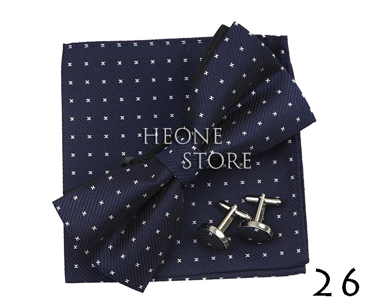 3PC Mens Bowtie Set Fashion Dot Solid Polyester Bow Tie Handkerchief Cufflinks Bar Party Wedding Business Daily Wear Accessories