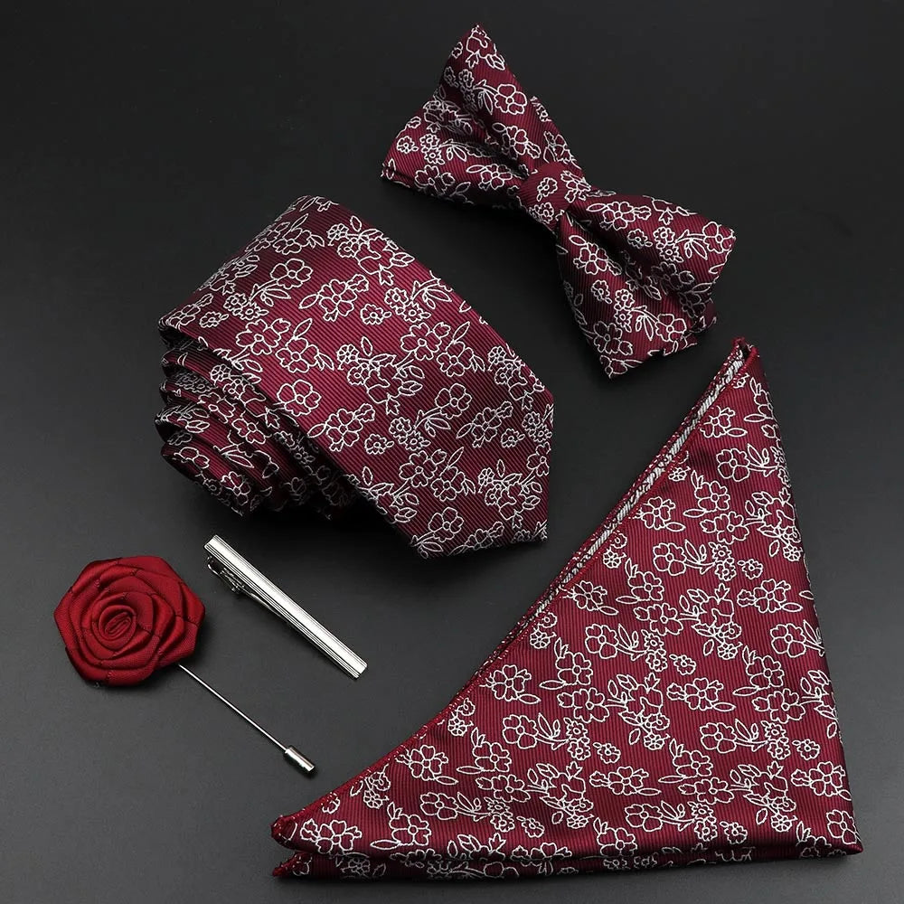 New Solid Color Silk Men Tie Set Polyester Jacquard Woven Necktie Bowtie Suit Vintage Red Blue For Groom Business Wedding Party