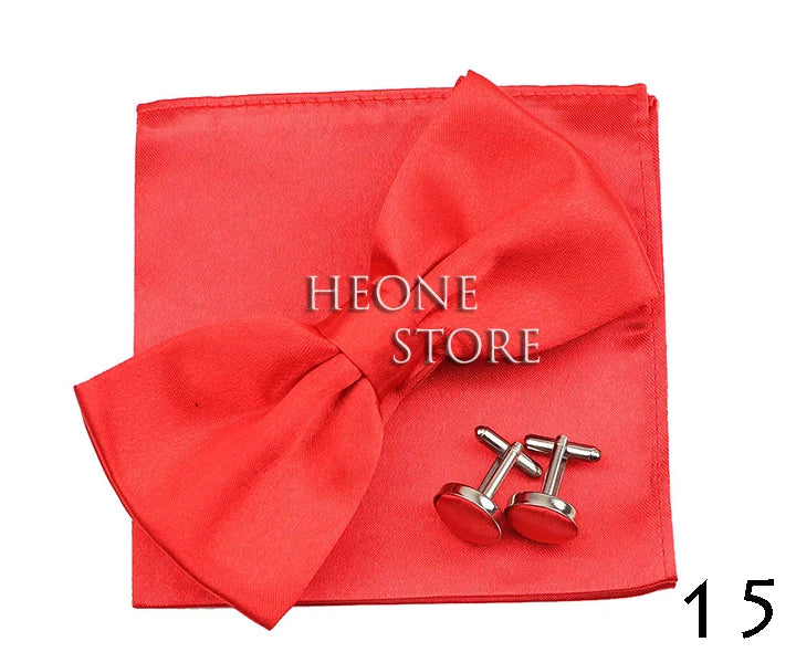 3PC Mens Bowtie Set Fashion Dot Solid Polyester Bow Tie Handkerchief Cufflinks Bar Party Wedding Business Daily Wear Accessories