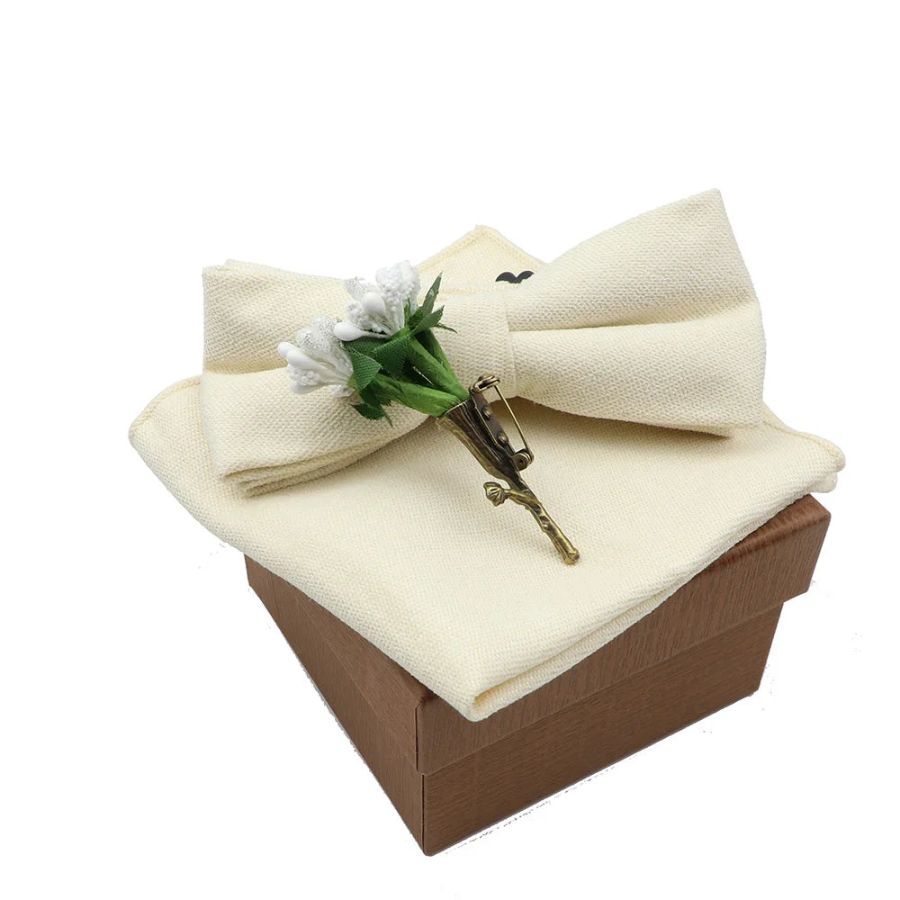 Solid Color Cotton Bowtie Handkerchief Flower Brooch Set For Men Women Party Wedding Blue Pink Green Bowties Novelty Ties Gift