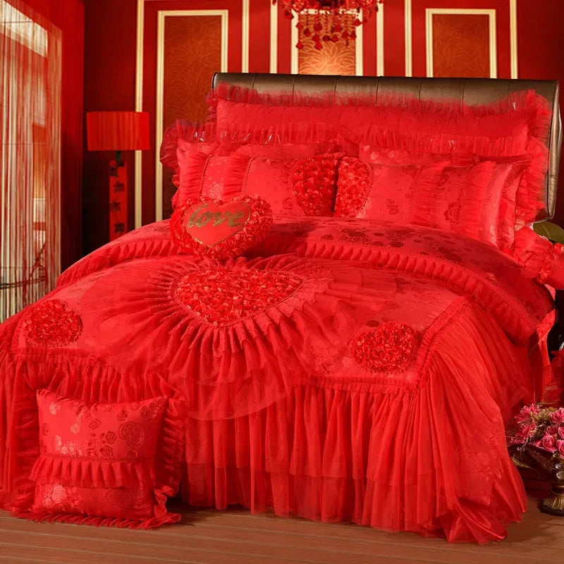100%Cotton Soft and Breathable Bedspread Pillowcases Double Queen King Rose Luxury Red/Pink Romantic Lace Wedding Bedding Set
