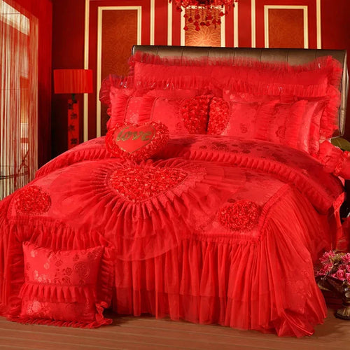 100%Cotton Soft and Breathable Bedspread Pillowcases Double Queen King Rose Luxury Red/Pink Romantic Lace Wedding Bedding Set