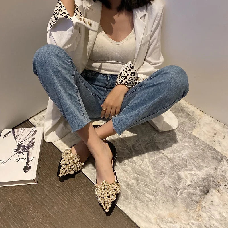 New Crown Pearl Flats Women Wedding Shoes Pointed Toe Female Dress Moccasins Low Pearl Heel Ladies Fashion Luxury Style 43