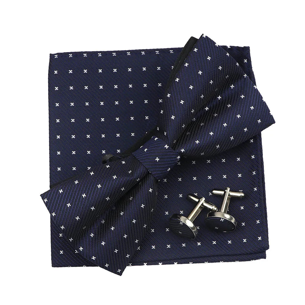 3PC Mens Bowtie Set Fashion Dot Solid Polyester Bow Tie Handkerchief Cufflinks Bar Party Wedding Business Daily Wear Accessories