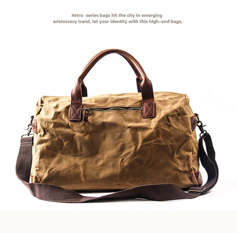 Vintage Waxed Canvas Men Luggage bag Genuine Leather Men Travel Bags Large Duffel Bags Weekend bag of trip Overnight carry on