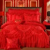 100%Cotton Soft and Breathable Bedspread Pillowcases Double Queen King Rose Luxury Red/Pink Romantic Lace Wedding Bedding Set
