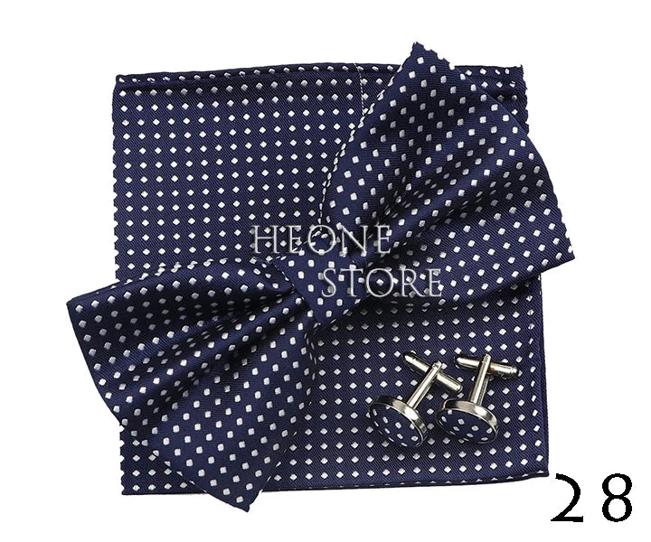 3PC Mens Bowtie Set Fashion Dot Solid Polyester Bow Tie Handkerchief Cufflinks Bar Party Wedding Business Daily Wear Accessories