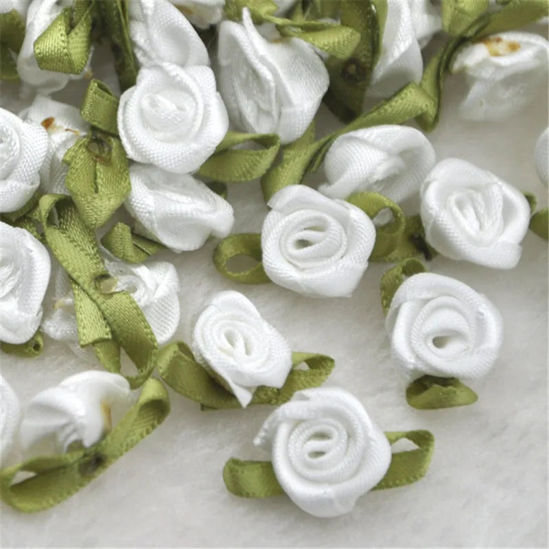 50PCS/Lot Mini Handmade Rose Flower Satin Ribbon  Fabric Appliques For Wedding Decoration Craft Sewing Accessories B039