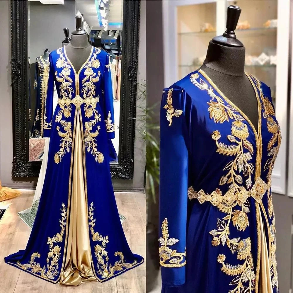Royal Blue Moroccan Kaftan Caftan Muslim Evening Dresses A-line Long Sleeves Applique Dubai Arabic Abaya Islamic Gown Customized