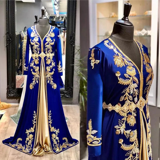 Royal Blue Moroccan Kaftan Caftan Muslim Evening Dresses A-line Long Sleeves Applique Dubai Arabic Abaya Islamic Gown Customized