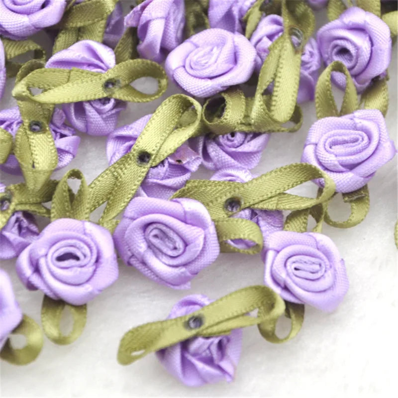 50PCS/Lot Mini Handmade Rose Flower Satin Ribbon  Fabric Appliques For Wedding Decoration Craft Sewing Accessories B039
