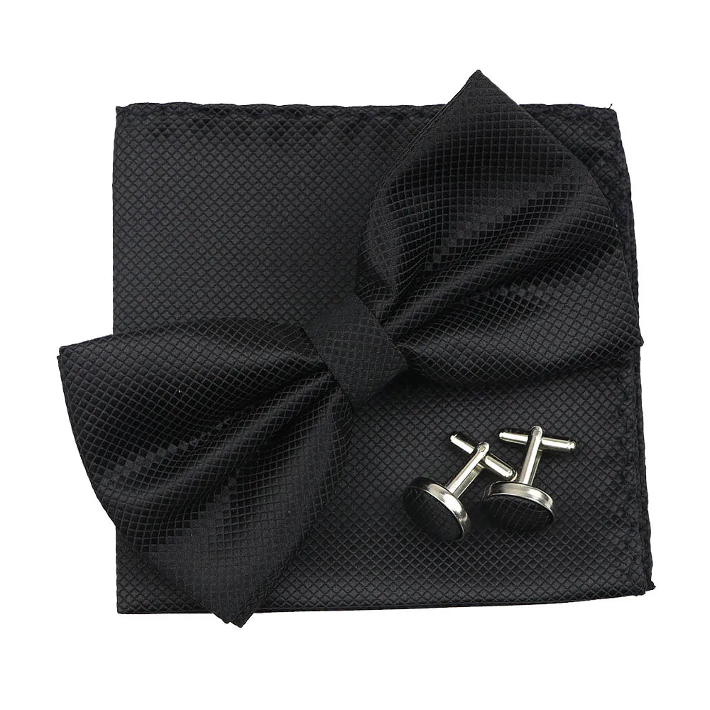 3PC Mens Bowtie Set Fashion Dot Solid Polyester Bow Tie Handkerchief Cufflinks Bar Party Wedding Business Daily Wear Accessories
