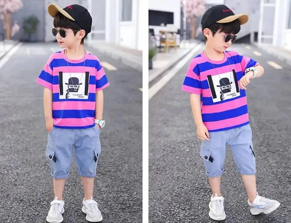 Summer Baby Boys Clothes Suit Stripe Cotton T-shirt+Jeans Short Pant 2PCS Set Kids Boys Clothing  For 3 4 5 6 7 8 9 10 11 12 Yrs
