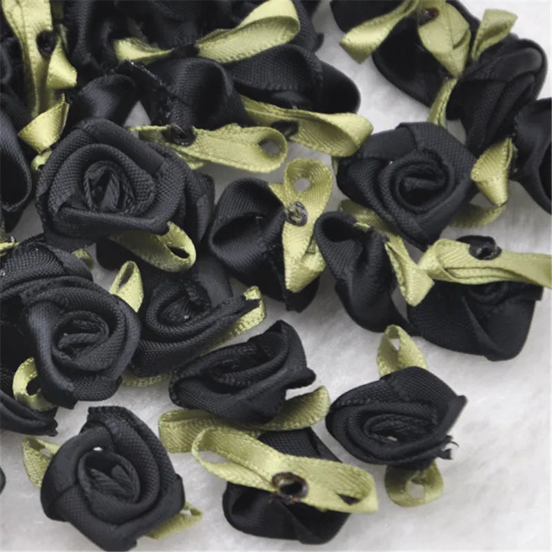 50PCS/Lot Mini Handmade Rose Flower Satin Ribbon  Fabric Appliques For Wedding Decoration Craft Sewing Accessories B039
