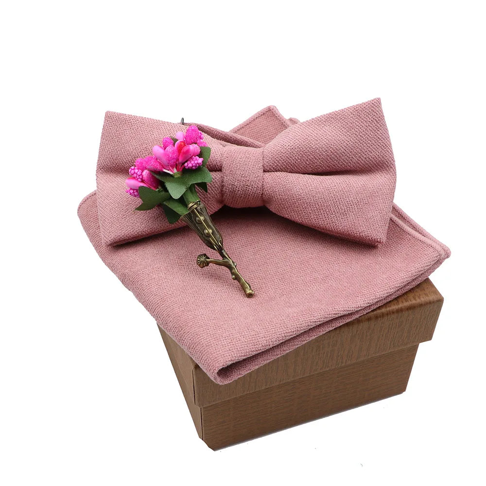 Solid Color Cotton Bowtie Handkerchief Flower Brooch Set For Men Women Party Wedding Blue Pink Green Bowties Novelty Ties Gift