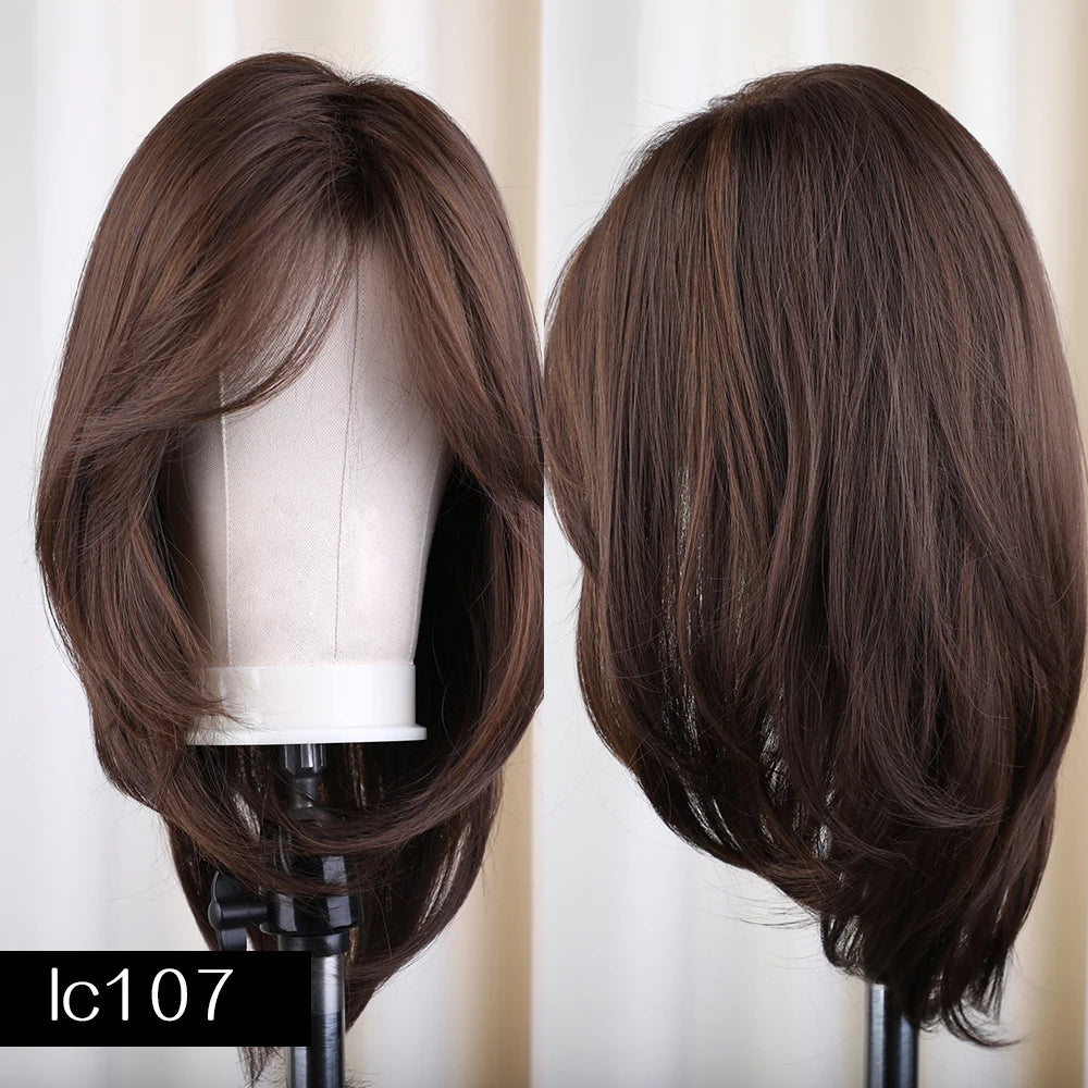 New Synthetic Long Straight Wigs Black Brown Wigs with Side Bangs Heat Resistant Lady Wigs for African American Women Hair