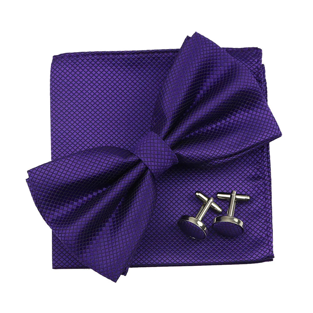 3PC Mens Bowtie Set Fashion Dot Solid Polyester Bow Tie Handkerchief Cufflinks Bar Party Wedding Business Daily Wear Accessories