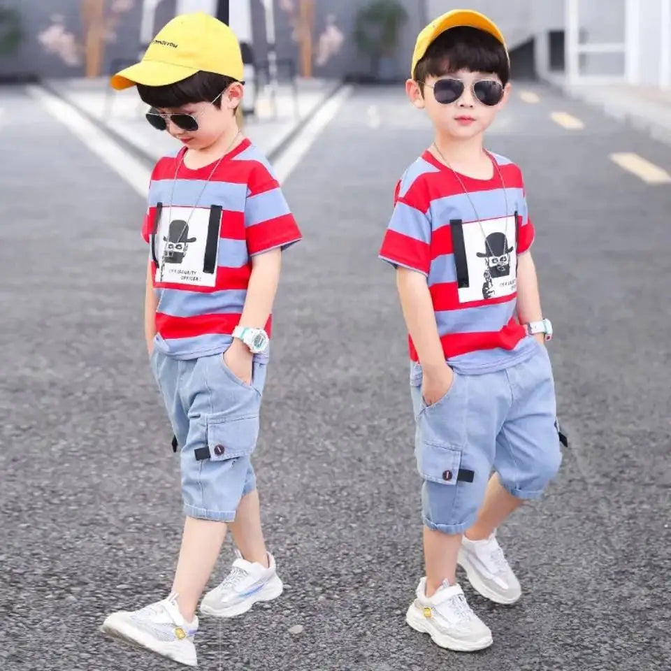 Summer Baby Boys Clothes Suit Stripe Cotton T-shirt+Jeans Short Pant 2PCS Set Kids Boys Clothing  For 3 4 5 6 7 8 9 10 11 12 Yrs