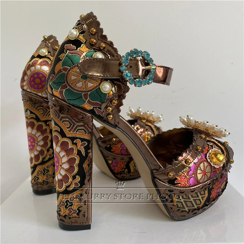 Exotic Style Embroidery Satin Wedding Shoes Woman Chunky Heel Diamond Plarform Beaded Rivet Flower Summer Sandals Women