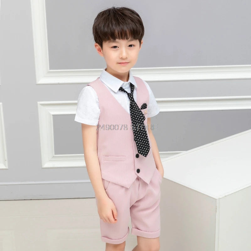 2021 Boys Formal Suits Summer Short Sleeve Blazer+Shorts  2pcs Children Kids Wedding Clothing Sets Prom Performance Costumes