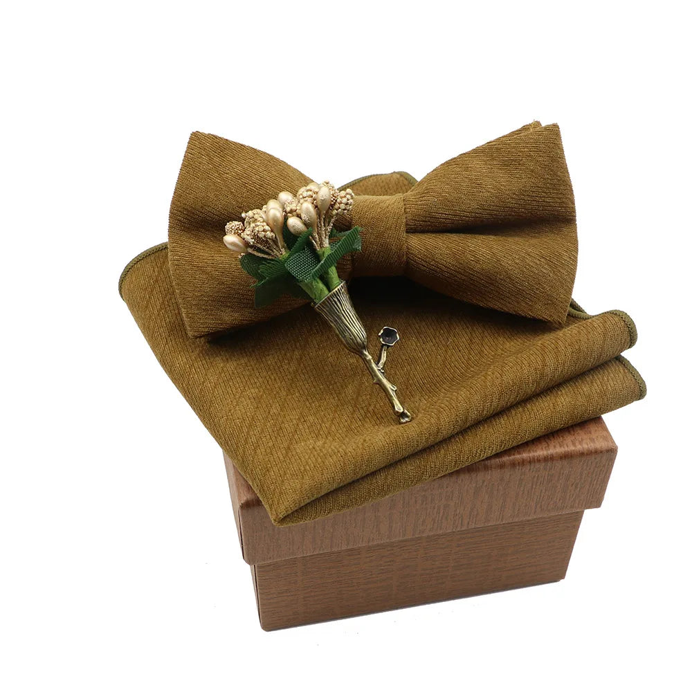 Solid Color Cotton Bowtie Handkerchief Flower Brooch Set For Men Women Party Wedding Blue Pink Green Bowties Novelty Ties Gift
