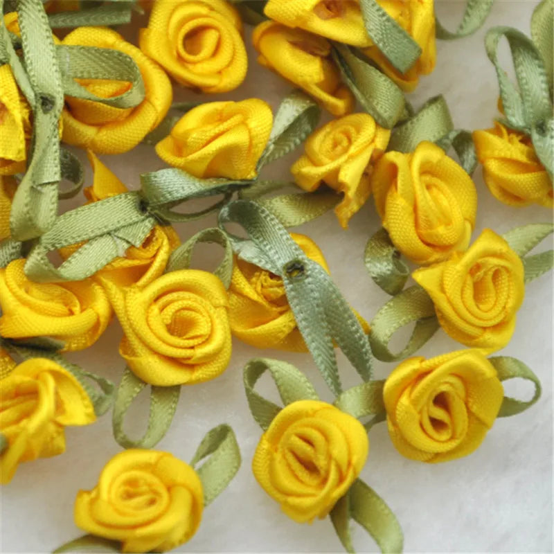 50PCS/Lot Mini Handmade Rose Flower Satin Ribbon  Fabric Appliques For Wedding Decoration Craft Sewing Accessories B039