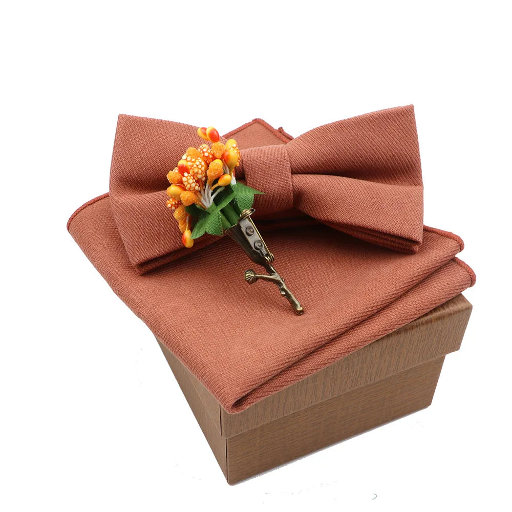 Solid Color Cotton Bowtie Handkerchief Flower Brooch Set For Men Women Party Wedding Blue Pink Green Bowties Novelty Ties Gift