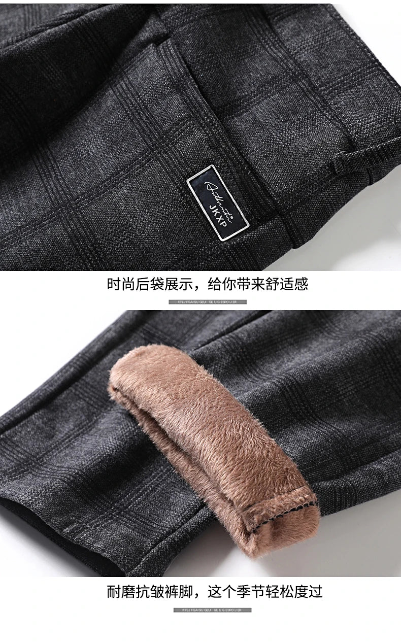 Winter Fleece Warm Pants Men England Plaid High Quality Business Slim Cotton Long Trousers Male Black Gray Pant Big Size 28-38