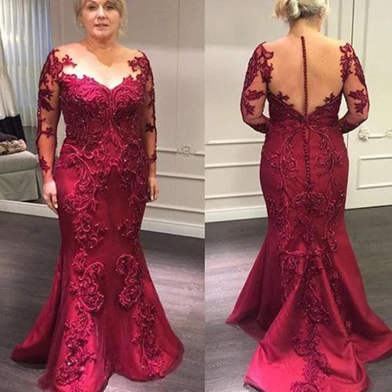 Customized Elegant Full Length Burgundy Lace Mother of the Bride Dresses Long Sleeves Illusion Neck Wedding Party Gowns Mermaid