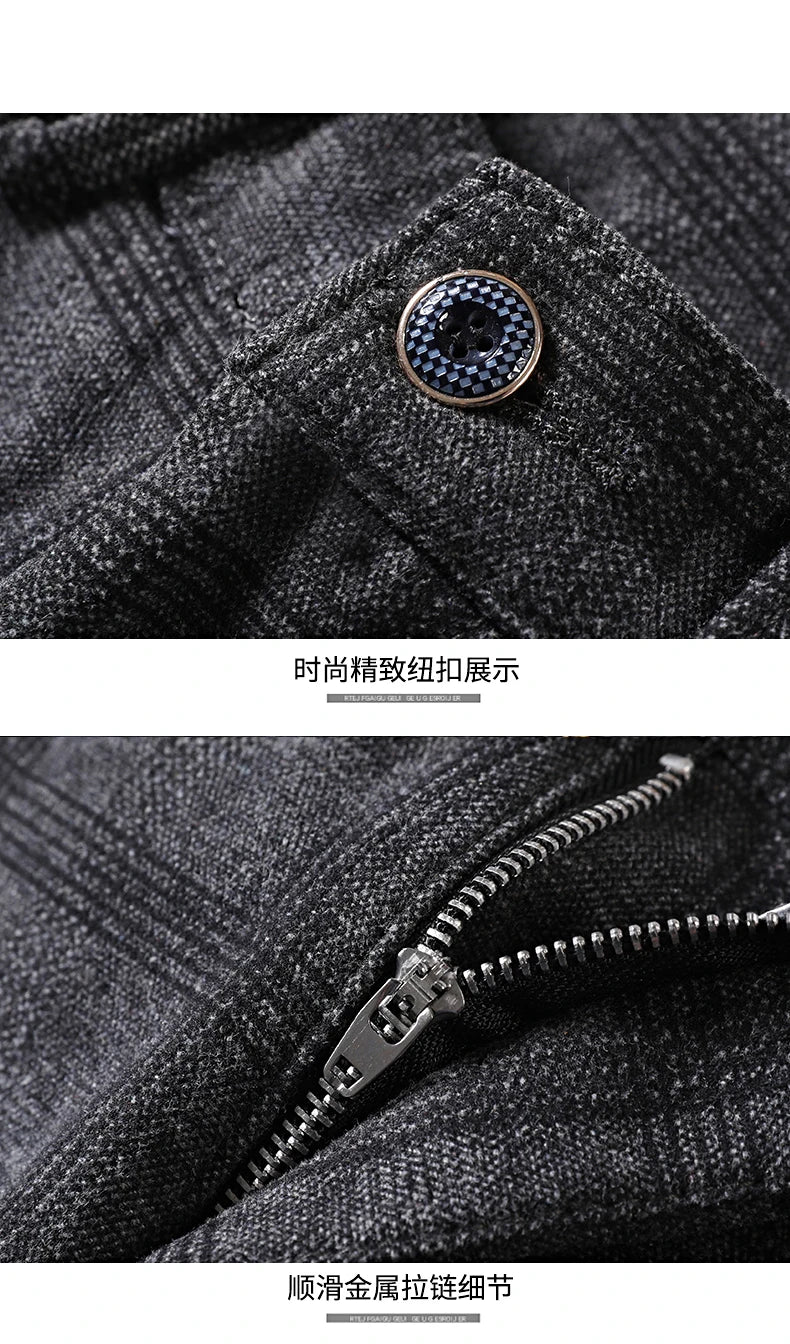 Winter Fleece Warm Pants Men England Plaid High Quality Business Slim Cotton Long Trousers Male Black Gray Pant Big Size 28-38