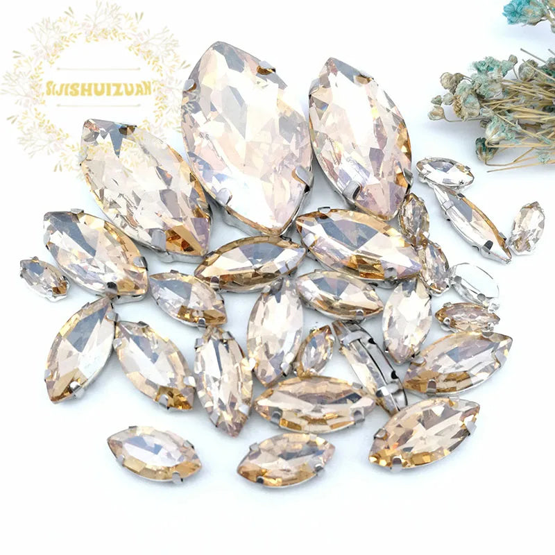 30PCS/Bag 21 Color  Mix Horse Eye Shape Size Glass Crystal Sew on Rhinestones With Silvery Claw Diy Wedding Dress Decoration