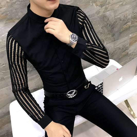 Men Shirt 2024 Spring Hollow Lace Patchwork Long Sleeve Shirt Men Streetwear Mens Shirts Casual Slim Fit Night Club Dress Tuxedo