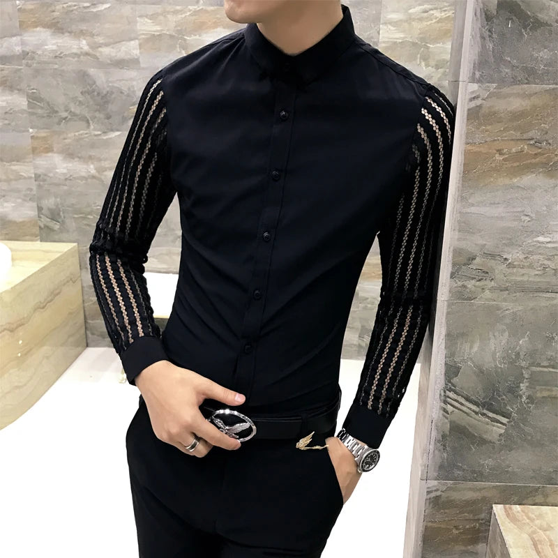 Men Shirt 2024 Spring Hollow Lace Patchwork Long Sleeve Shirt Men Streetwear Mens Shirts Casual Slim Fit Night Club Dress Tuxedo