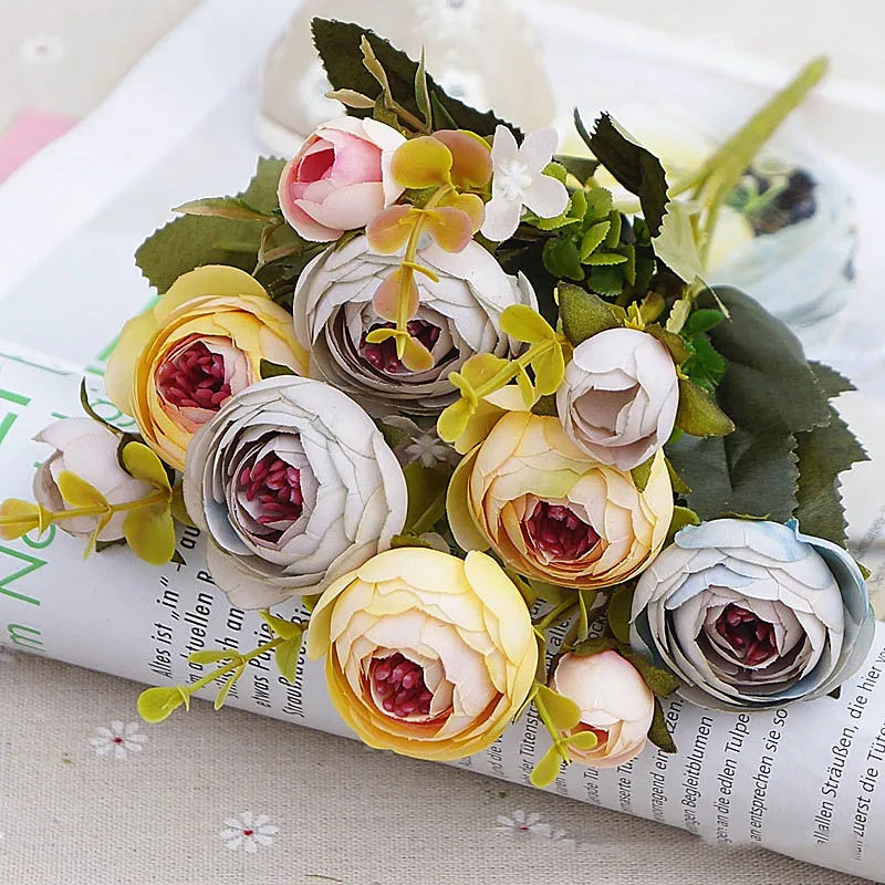 10 Heads Vintage Silk Flowers Retro Tea Roses Artificial Flowers Bride Bouquet for Wedding Decoration Home Fake Flowers A3050