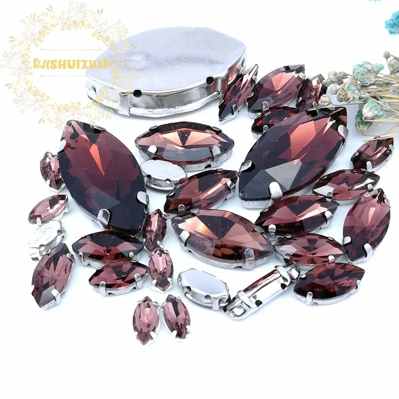 30PCS/Bag 21 Color  Mix Horse Eye Shape Size Glass Crystal Sew on Rhinestones With Silvery Claw Diy Wedding Dress Decoration