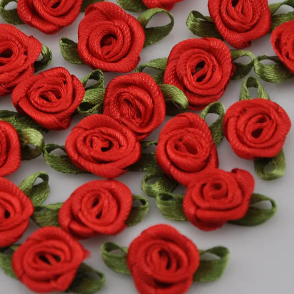 50PCS/Lot Mini Handmade Rose Flower Satin Ribbon  Fabric Appliques For Wedding Decoration Craft Sewing Accessories B039