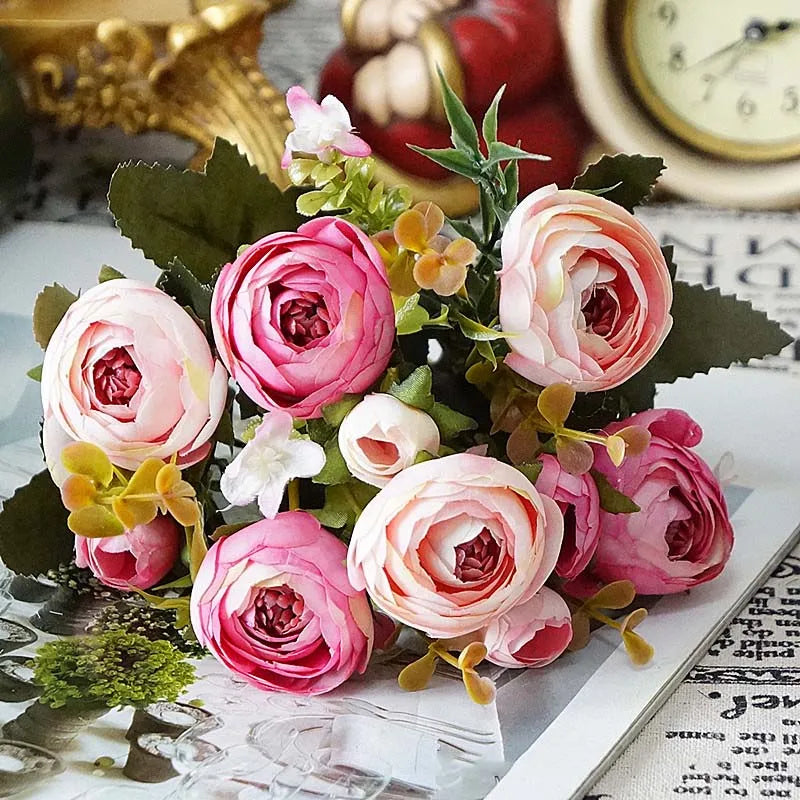 10 Heads Vintage Silk Flowers Retro Tea Roses Artificial Flowers Bride Bouquet for Wedding Decoration Home Fake Flowers A3050