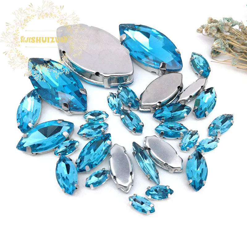 30PCS/Bag 21 Color  Mix Horse Eye Shape Size Glass Crystal Sew on Rhinestones With Silvery Claw Diy Wedding Dress Decoration