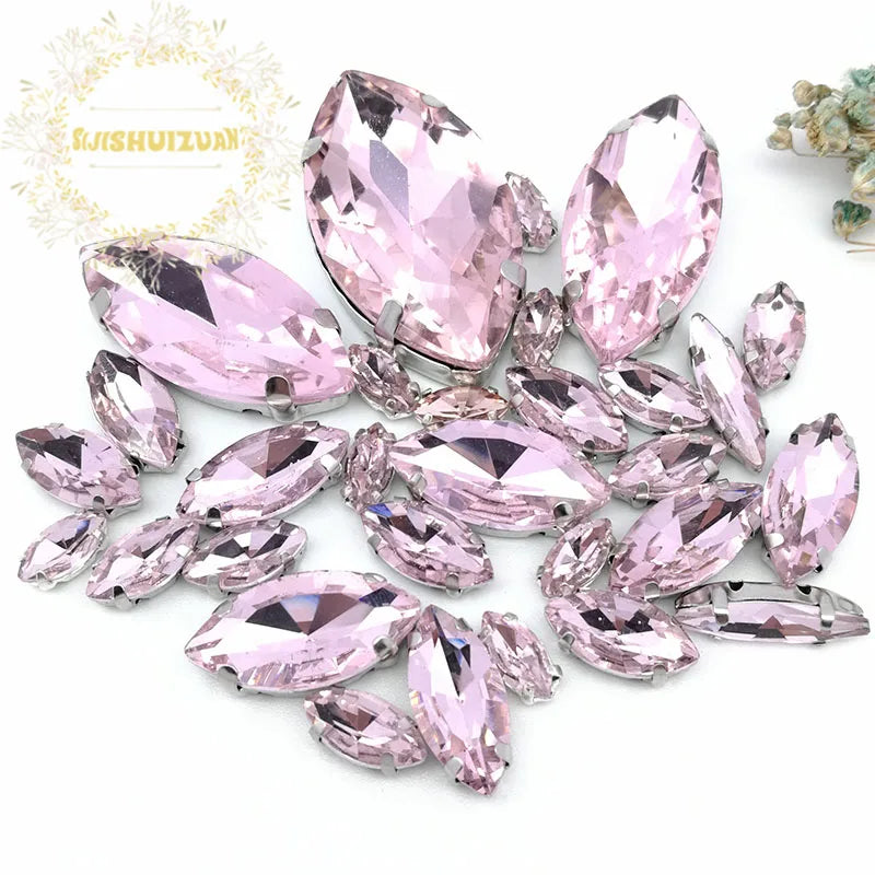 30PCS/Bag 21 Color  Mix Horse Eye Shape Size Glass Crystal Sew on Rhinestones With Silvery Claw Diy Wedding Dress Decoration