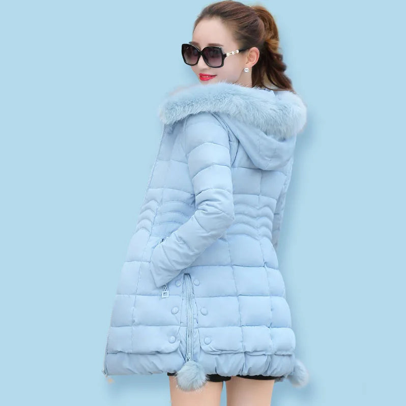 Winter Jacket Women 2025 winter coat pure color casual Fur Collar Hooded long hooded cotton lady jacket