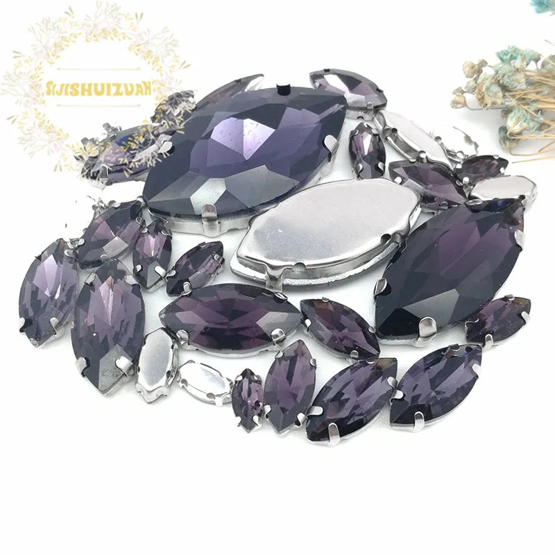30PCS/Bag 21 Color  Mix Horse Eye Shape Size Glass Crystal Sew on Rhinestones With Silvery Claw Diy Wedding Dress Decoration