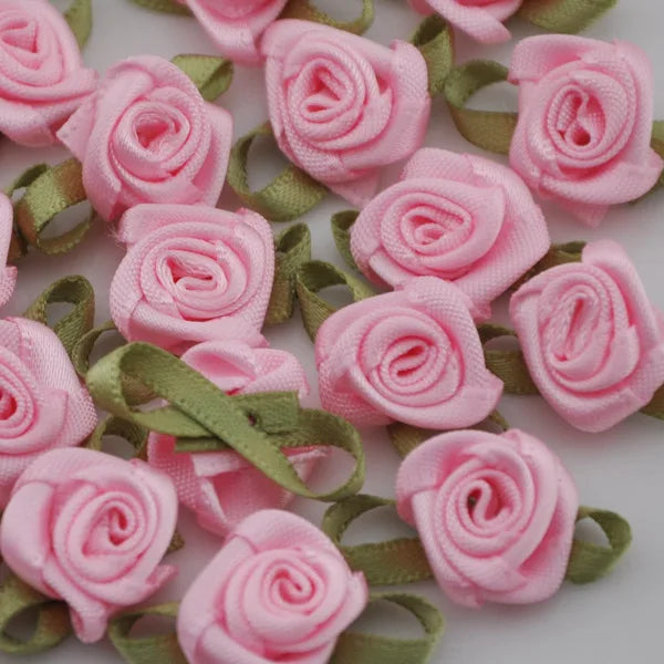 50PCS/Lot Mini Handmade Rose Flower Satin Ribbon  Fabric Appliques For Wedding Decoration Craft Sewing Accessories B039