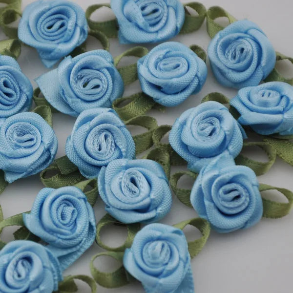 50PCS/Lot Mini Handmade Rose Flower Satin Ribbon  Fabric Appliques For Wedding Decoration Craft Sewing Accessories B039