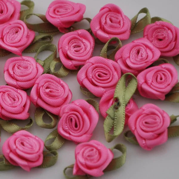 50PCS/Lot Mini Handmade Rose Flower Satin Ribbon  Fabric Appliques For Wedding Decoration Craft Sewing Accessories B039