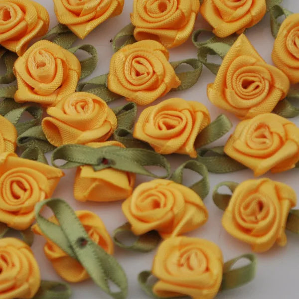 50PCS/Lot Mini Handmade Rose Flower Satin Ribbon  Fabric Appliques For Wedding Decoration Craft Sewing Accessories B039