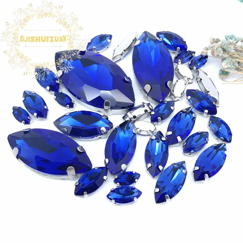 30PCS/Bag 21 Color  Mix Horse Eye Shape Size Glass Crystal Sew on Rhinestones With Silvery Claw Diy Wedding Dress Decoration