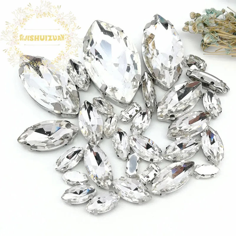 30PCS/Bag 21 Color  Mix Horse Eye Shape Size Glass Crystal Sew on Rhinestones With Silvery Claw Diy Wedding Dress Decoration