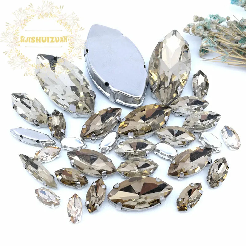 30PCS/Bag 21 Color  Mix Horse Eye Shape Size Glass Crystal Sew on Rhinestones With Silvery Claw Diy Wedding Dress Decoration